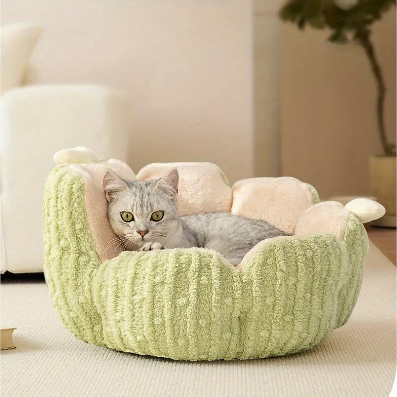 Cactus-themed soft cat litter kennel pet bed in green colour showing large size dimensions