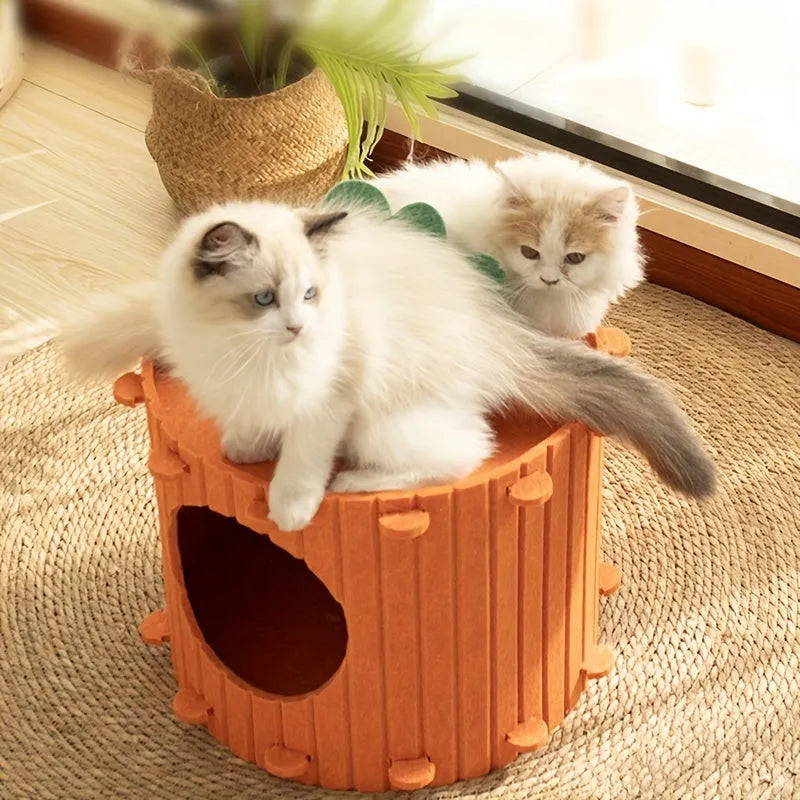 Carrot-shaped grey felt cat tunnel nest with circular entrance holes, shown in medium and large sizes.