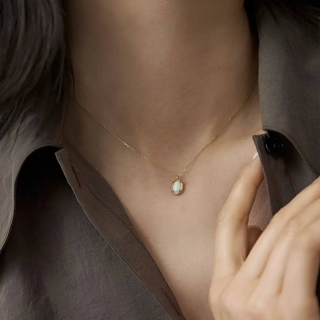 Geometric jelly opal pendant necklace on a chain, available in gold or white gold plating.