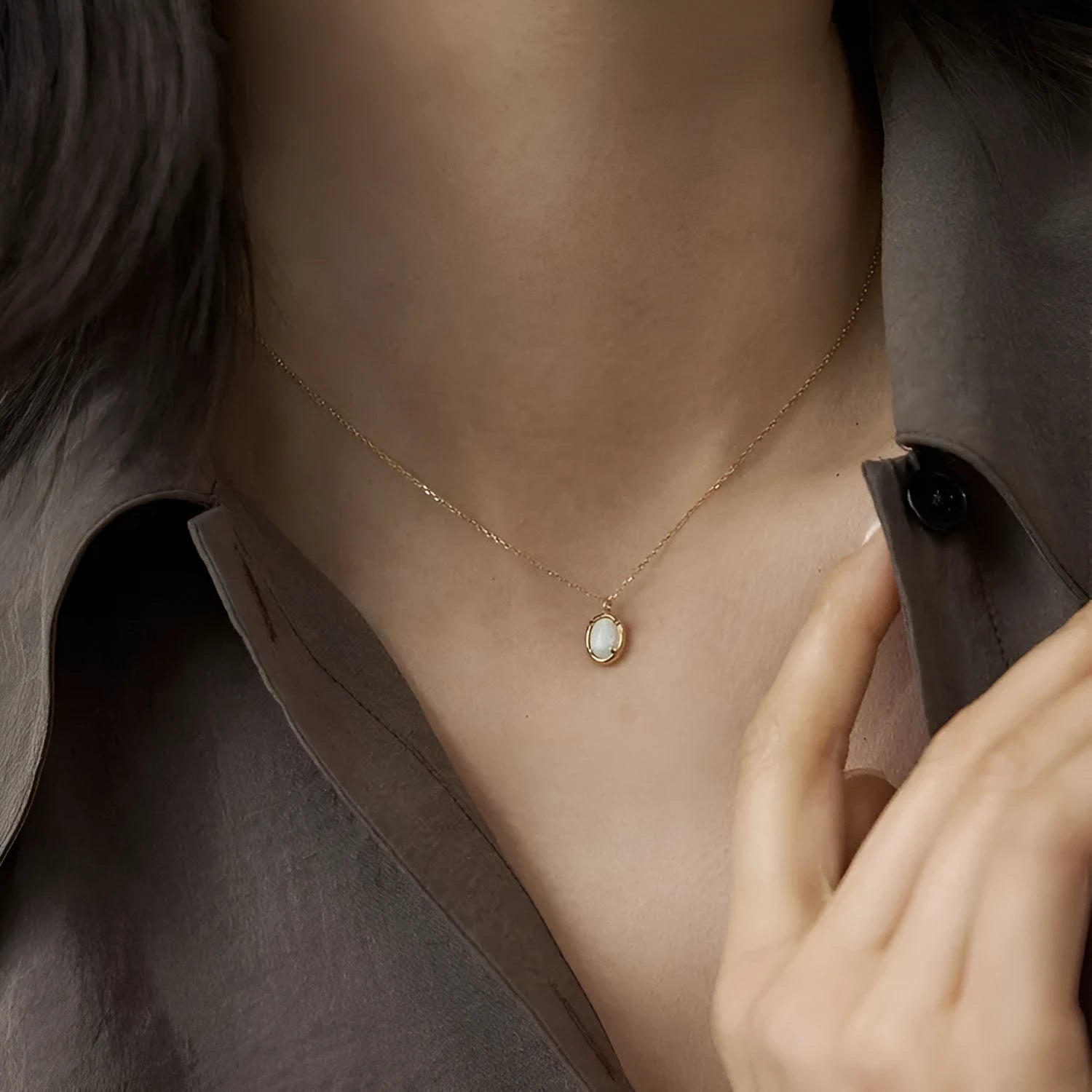 Geometric jelly opal pendant necklace on a chain, available in gold or white gold plating.