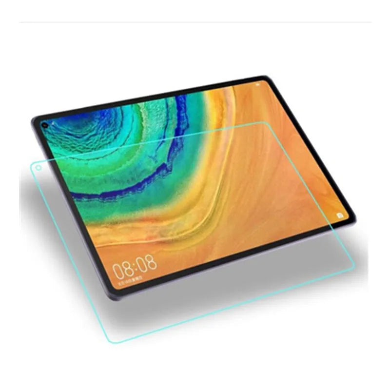 Huawei MatePad tablet with a clear tempered glass screen protector applied, showing model-specific fit.