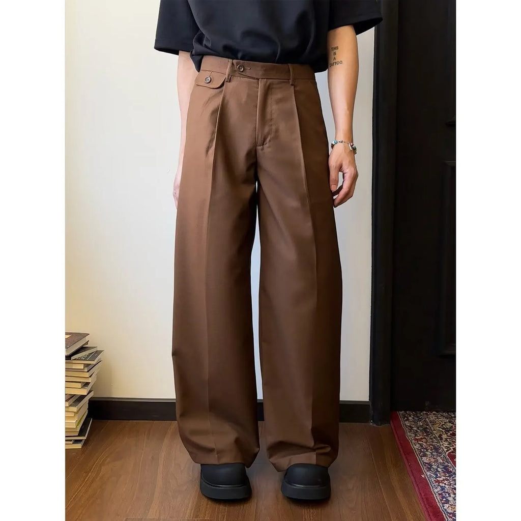 Men's straight-leg casual trousers in black or brown with wide-leg cut and polyester blend fabric