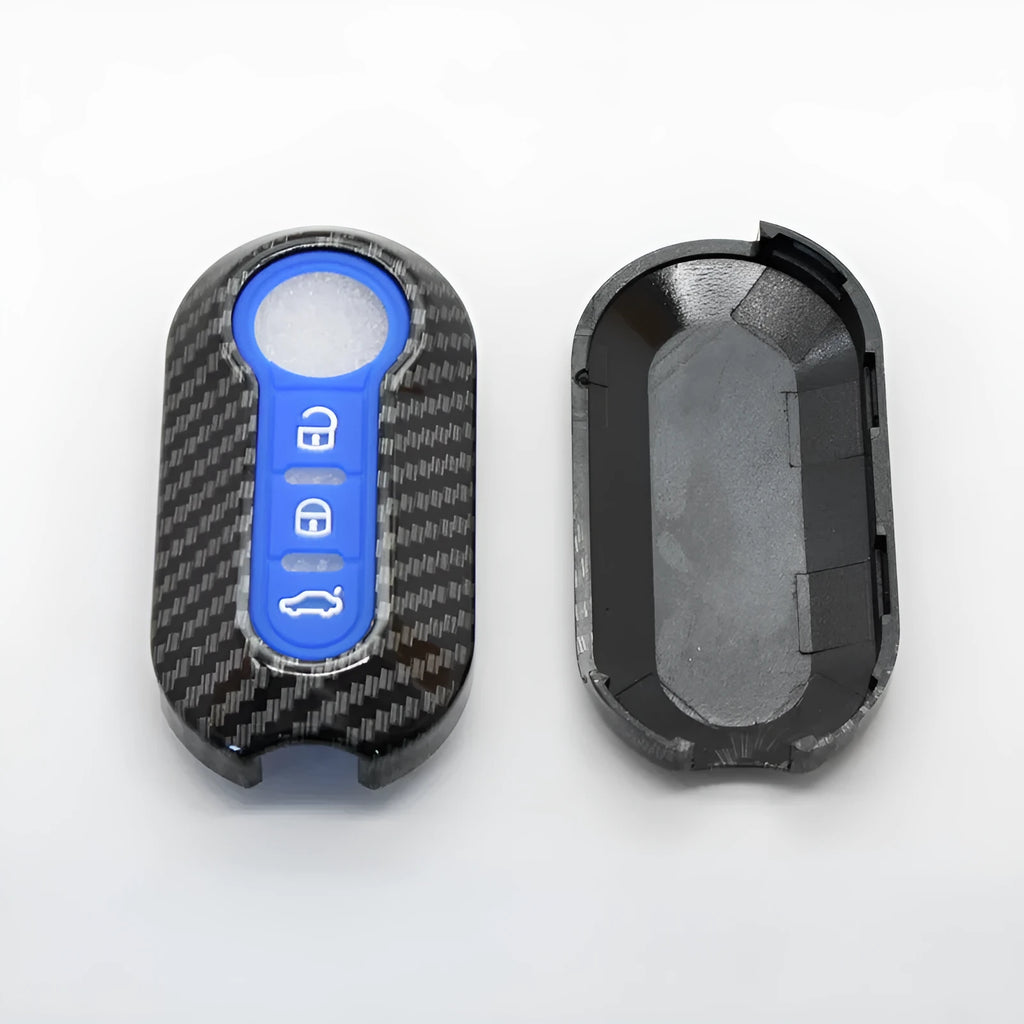 Fiat 500 Boyue ABS plastic remote key shell in black, red, and dark blue with carbon fibre style pattern.