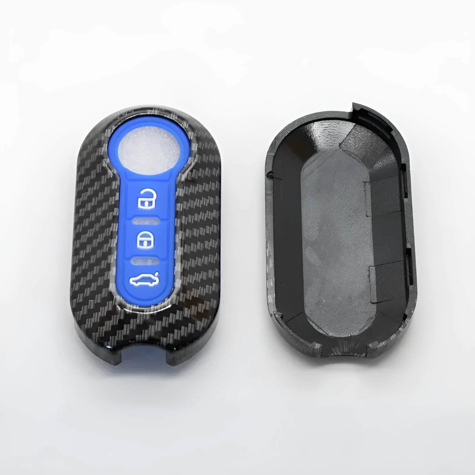 Fiat 500 Boyue ABS plastic remote key shell in black, red, and dark blue with carbon fibre style pattern.