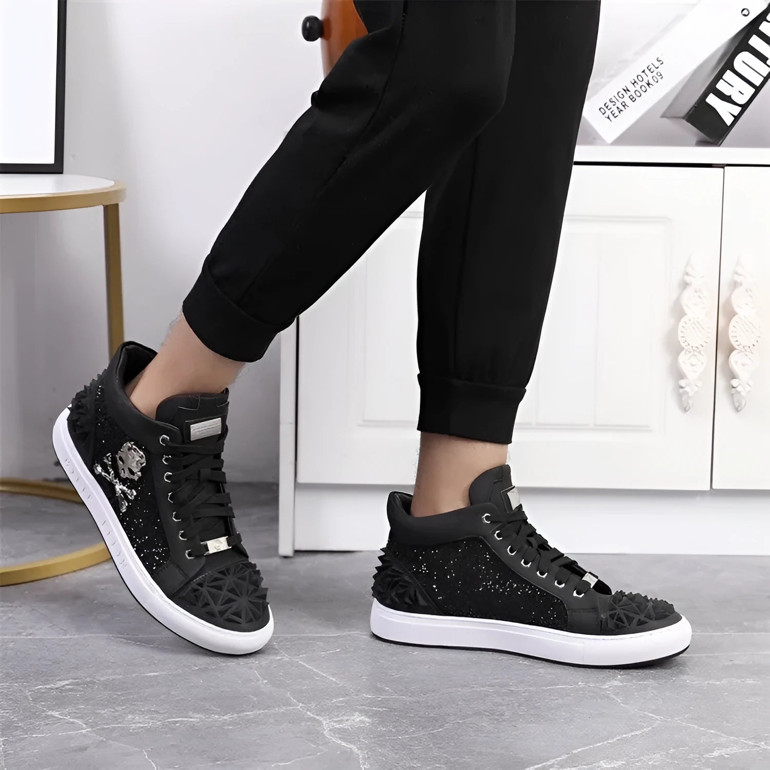 Genuine leather high top skeleton shoes for men with lace-up closure and round toe design