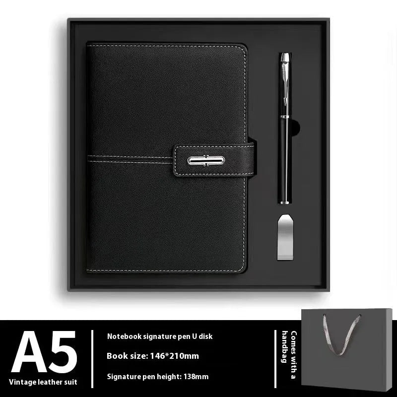 A5 notebook with PU leather cover shown in multiple colour options including black, red, green, blue, and orange.
