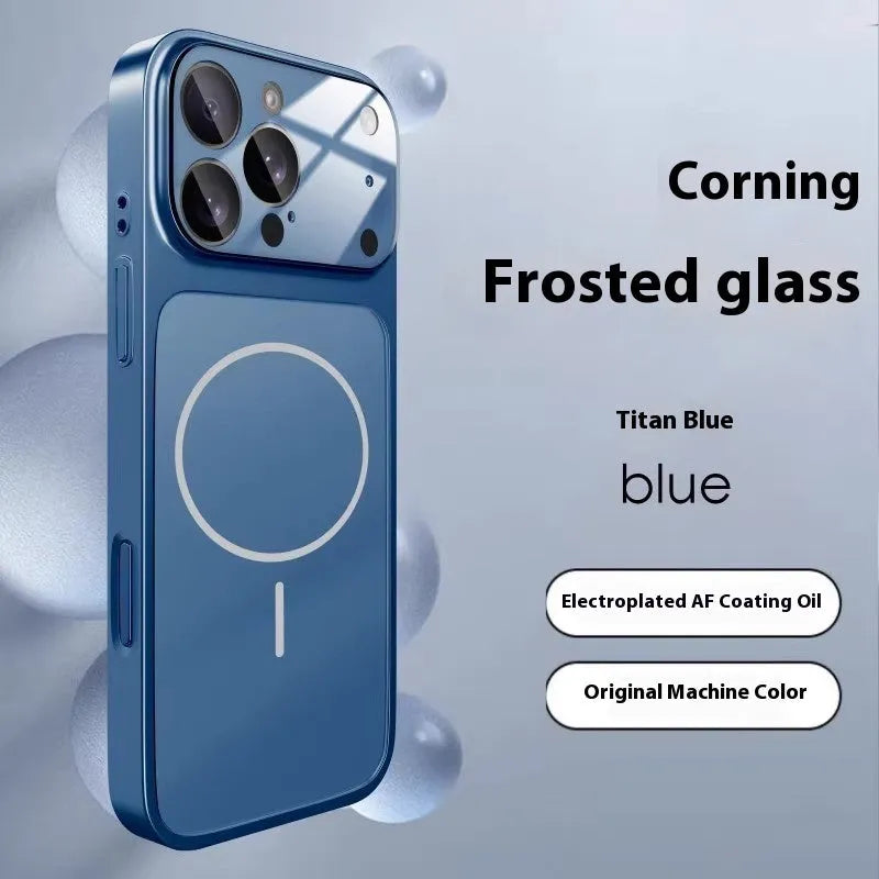 Black tempered glass iPhone case with frosted finish and magnetic back, shown next to Orange and Titanium colour options.