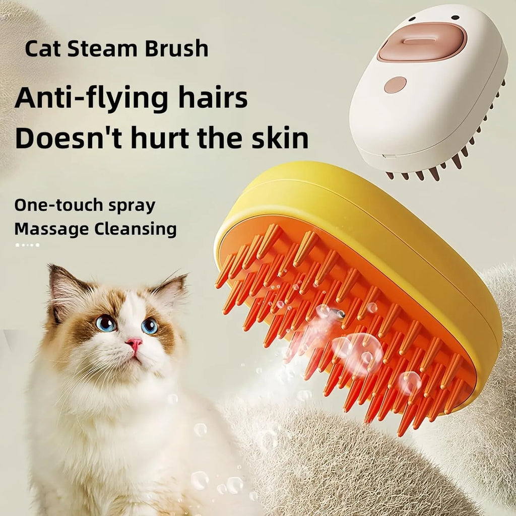 White silicone steam pet brush for dog and cat grooming with rechargeable function and rubber comb teeth