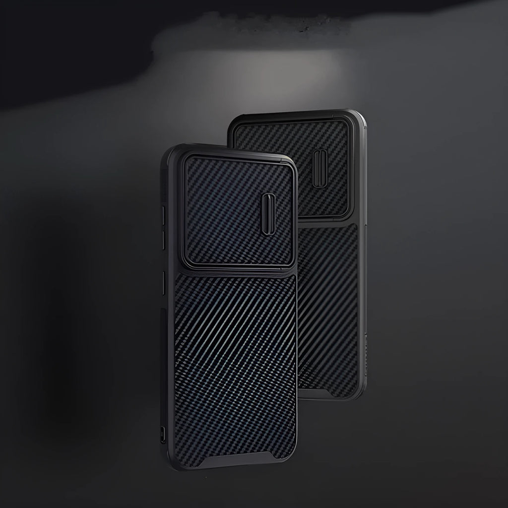 Black Samsung S23 Ultra mobile phone case with a built-in camera lens cover.