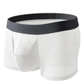 Men's solid colour Ice Silk nylon boxer underwear with mesh breathable fabric in black, grey, or white.