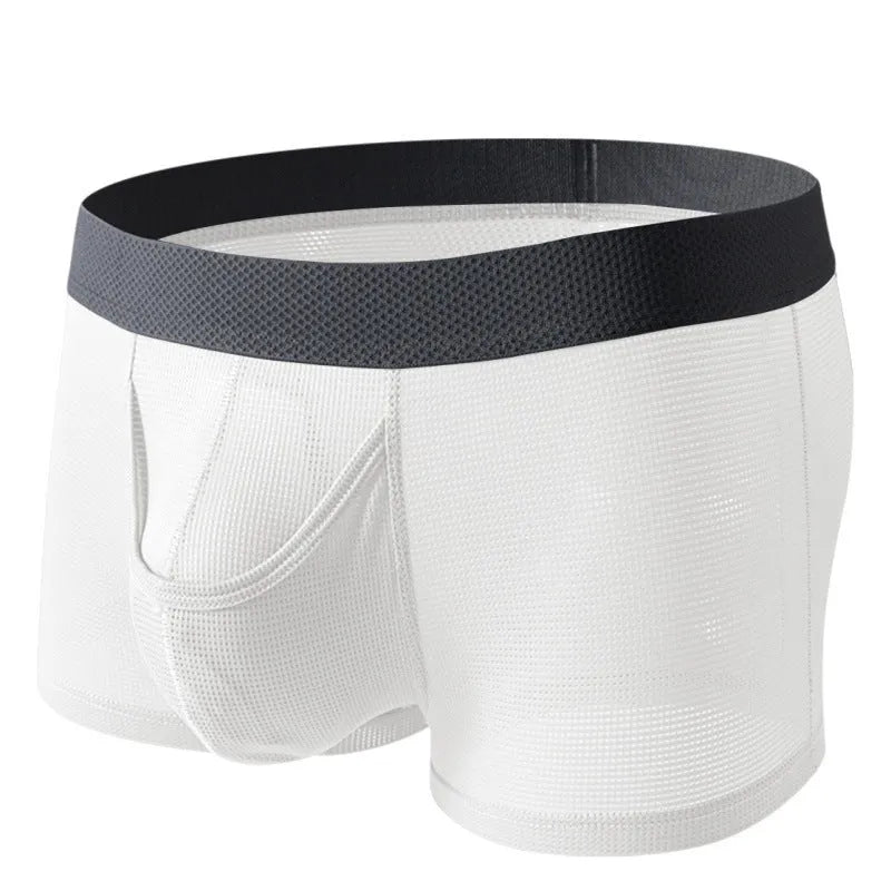 Men's solid colour Ice Silk nylon boxer underwear with mesh breathable fabric in black, grey, or white.