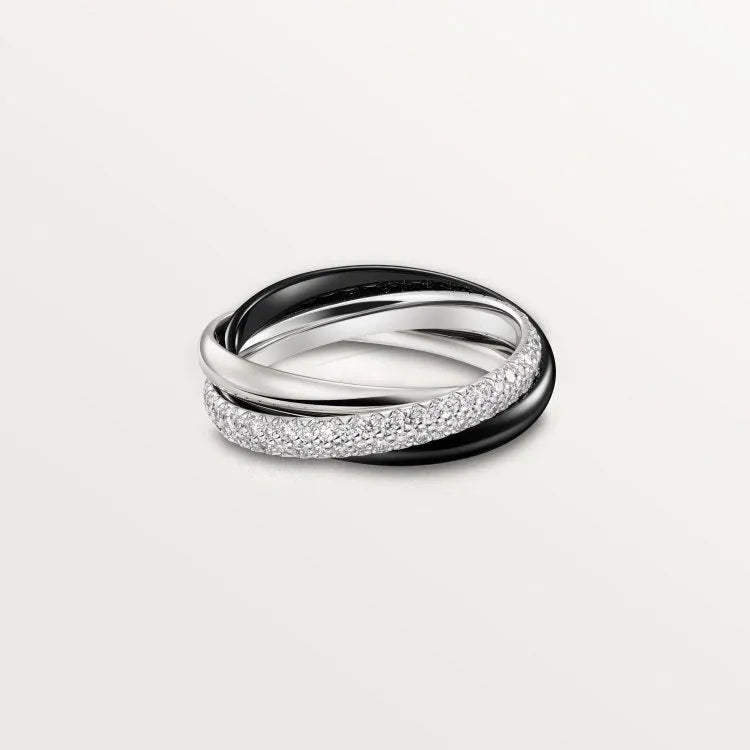 Three-band geometric couple rings in sterling silver with custom text elements and diamond options