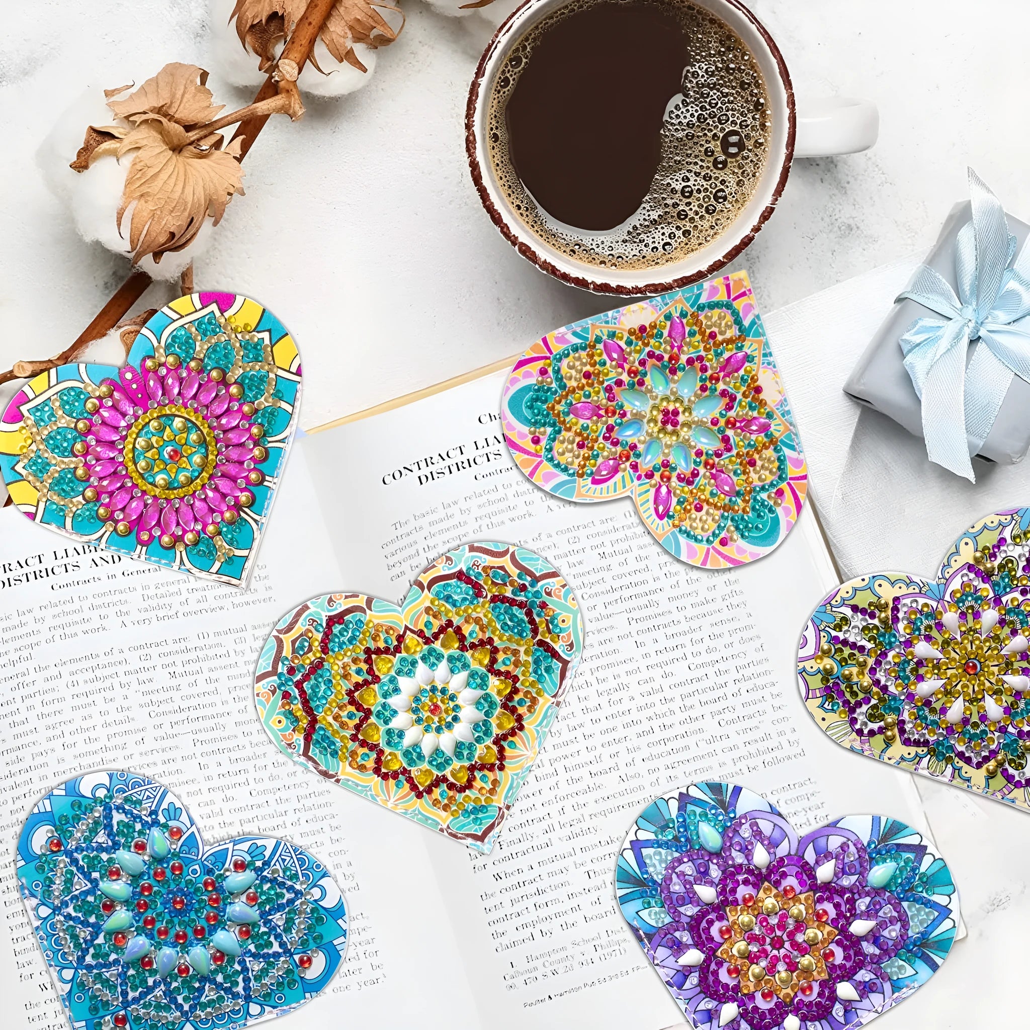 Six PU leather handmade bookmarks with crystal flower decorations arranged in modern simplicity style
