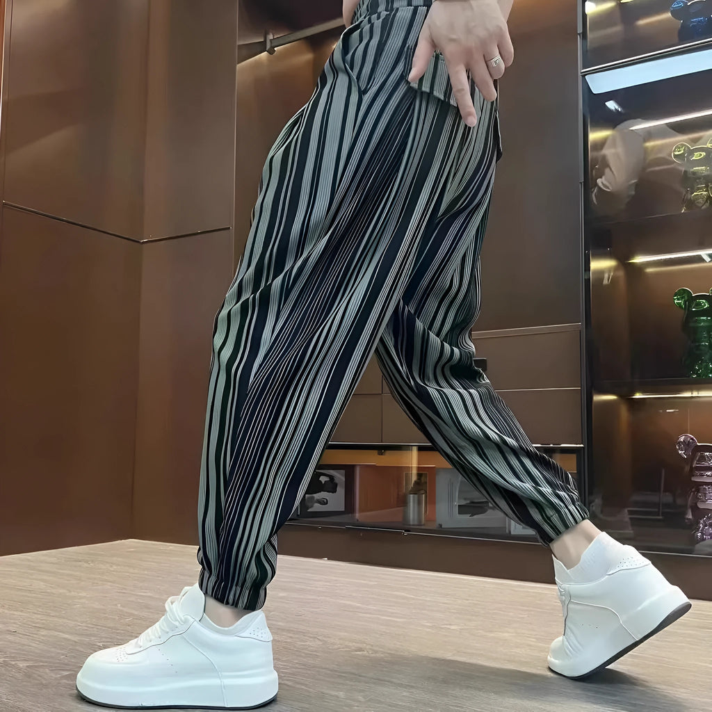 Men's ankle-tied Harlan casual thin cropped ice silk trousers in white or dark grey with striped pattern, sizes M-3XL