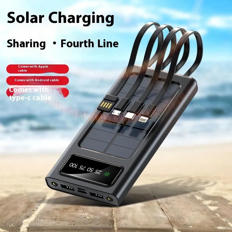 Black or white solar power bank portable charger measuring 148x71x19mm with four-wire cable