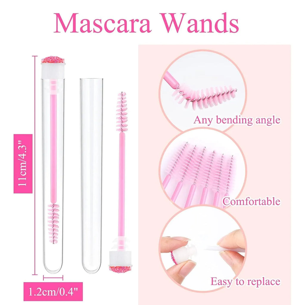 Disposable eyelash brushes in four colours with transparent storage tubes for mascara and extension work