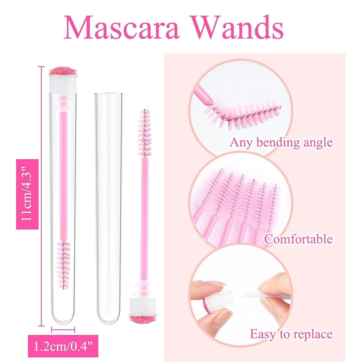 Disposable eyelash brushes in four colours with transparent storage tubes for mascara and extension work