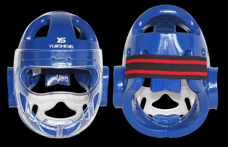Karate helmet protective equipment for boxing in blue, red, or white colours with S, M, L, XL sizing options