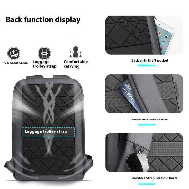 Men's lightweight Oxford cloth backpack in dark grey, shown from the side with visible sewing line details.