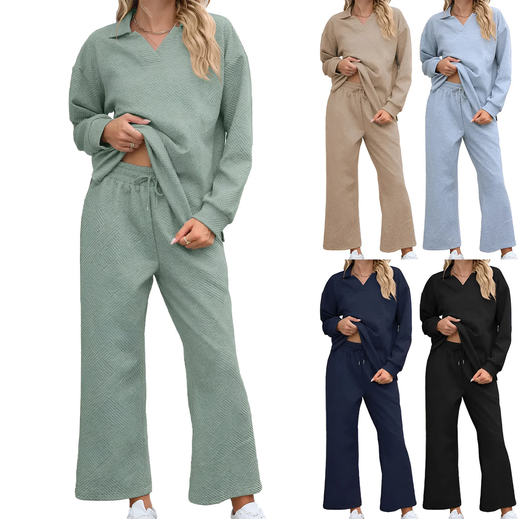 Women's solid colour knitted jacquard suit with lapel long sleeve top and elastic waist cropped pants.