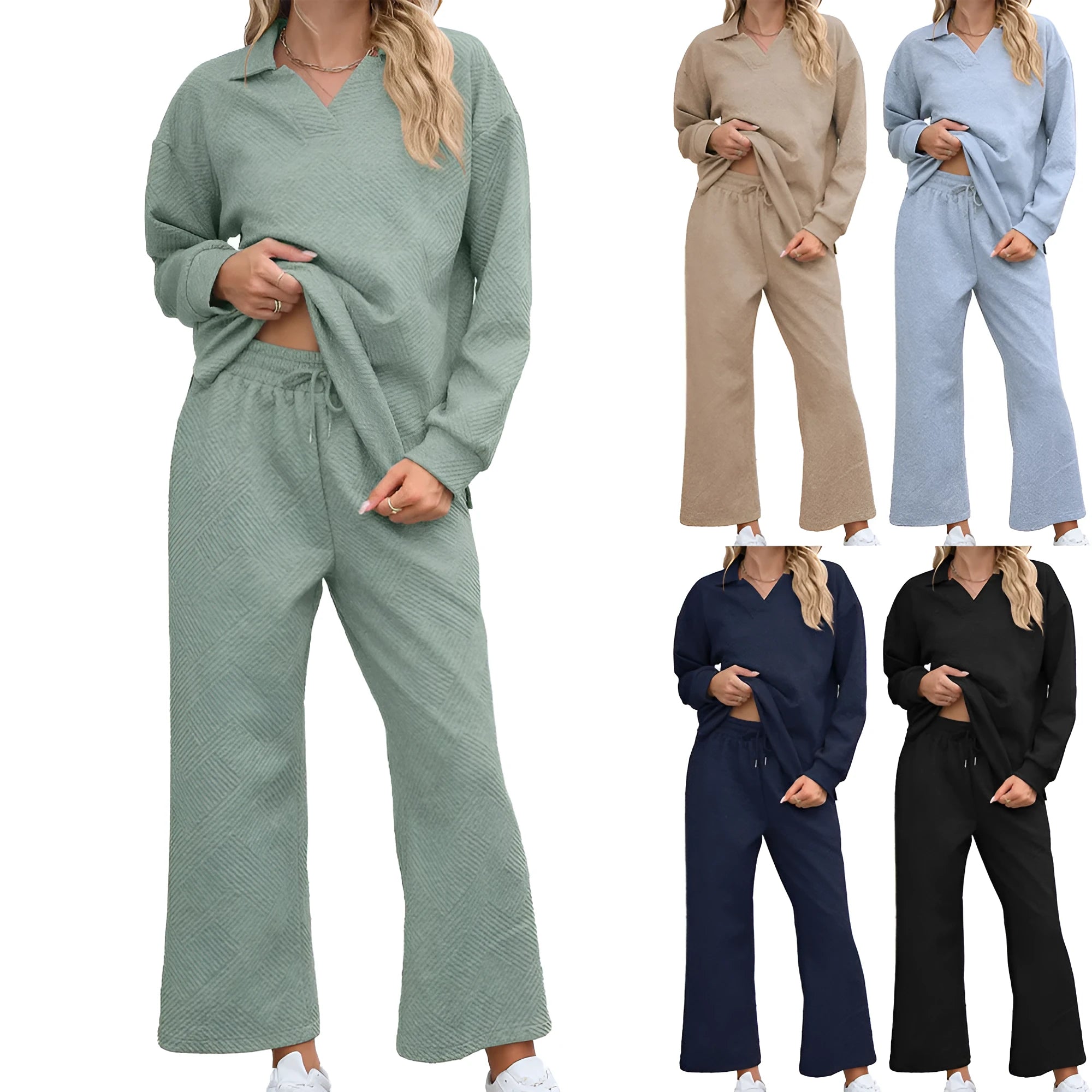 Women's solid colour knitted jacquard suit with lapel long sleeve top and elastic waist cropped pants.