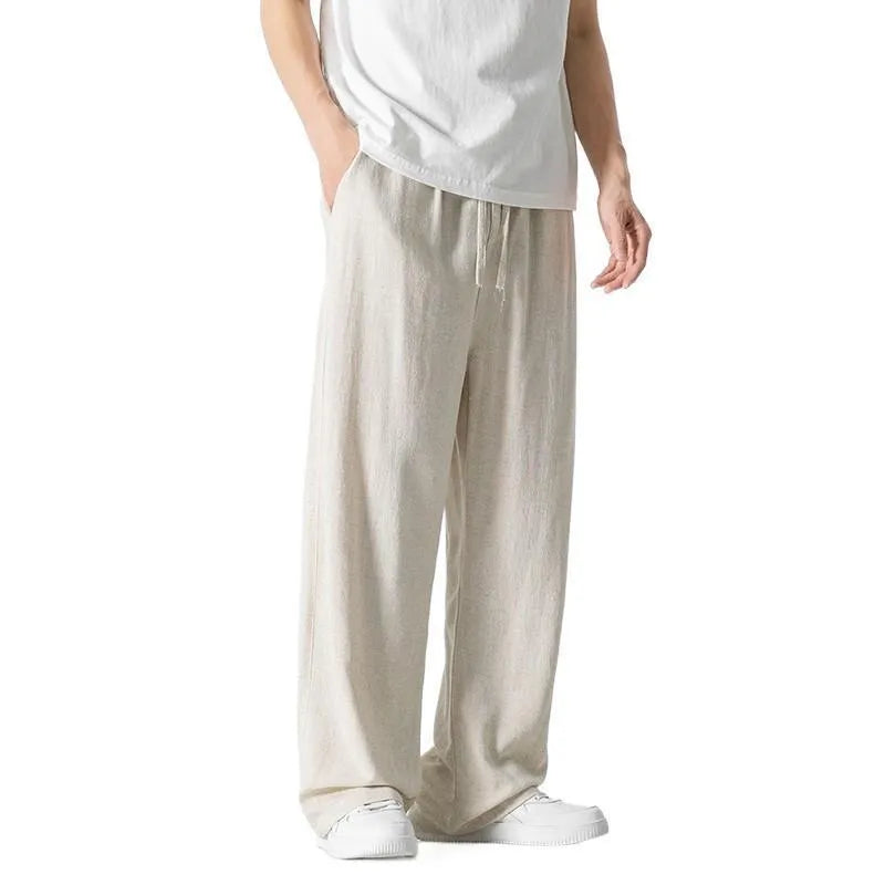 Men's bamboo fibre linen trousers in loose straight-leg cropped cut with drawstring waist