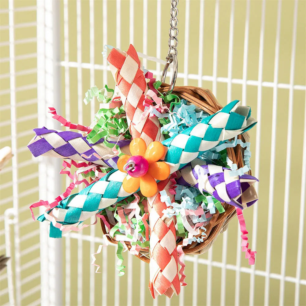 Parrot gnawing toy with wooden blocks in three different configurations for bird chewing enrichment