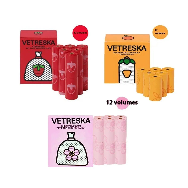 Portable dog poo bag dispenser capsule with scented inner bags in strawberry, orange, or cherry blossom options