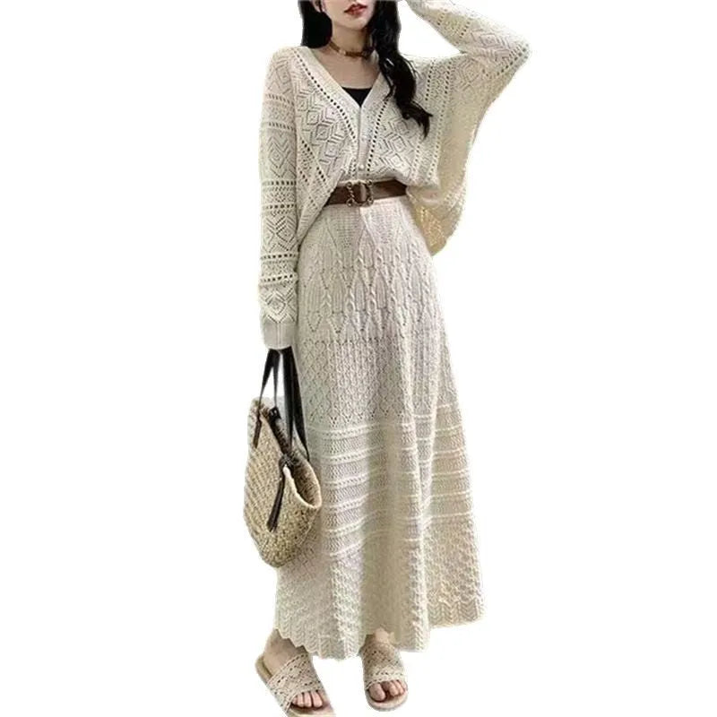 Beige hollow-out knitted two-piece skirt set with long sleeve top, mid-length skirt and belt