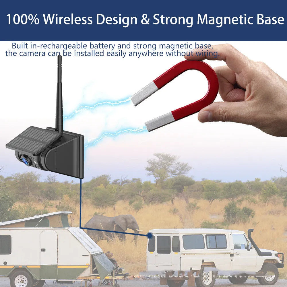 Solar wireless charging reversing camera with aluminium alloy shell and magnet suction mounting