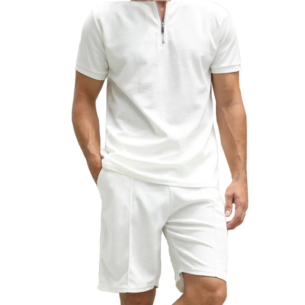 Men's solid colour polo shirt and trousers two-piece set in textured beaded bird's eye polyester fabric