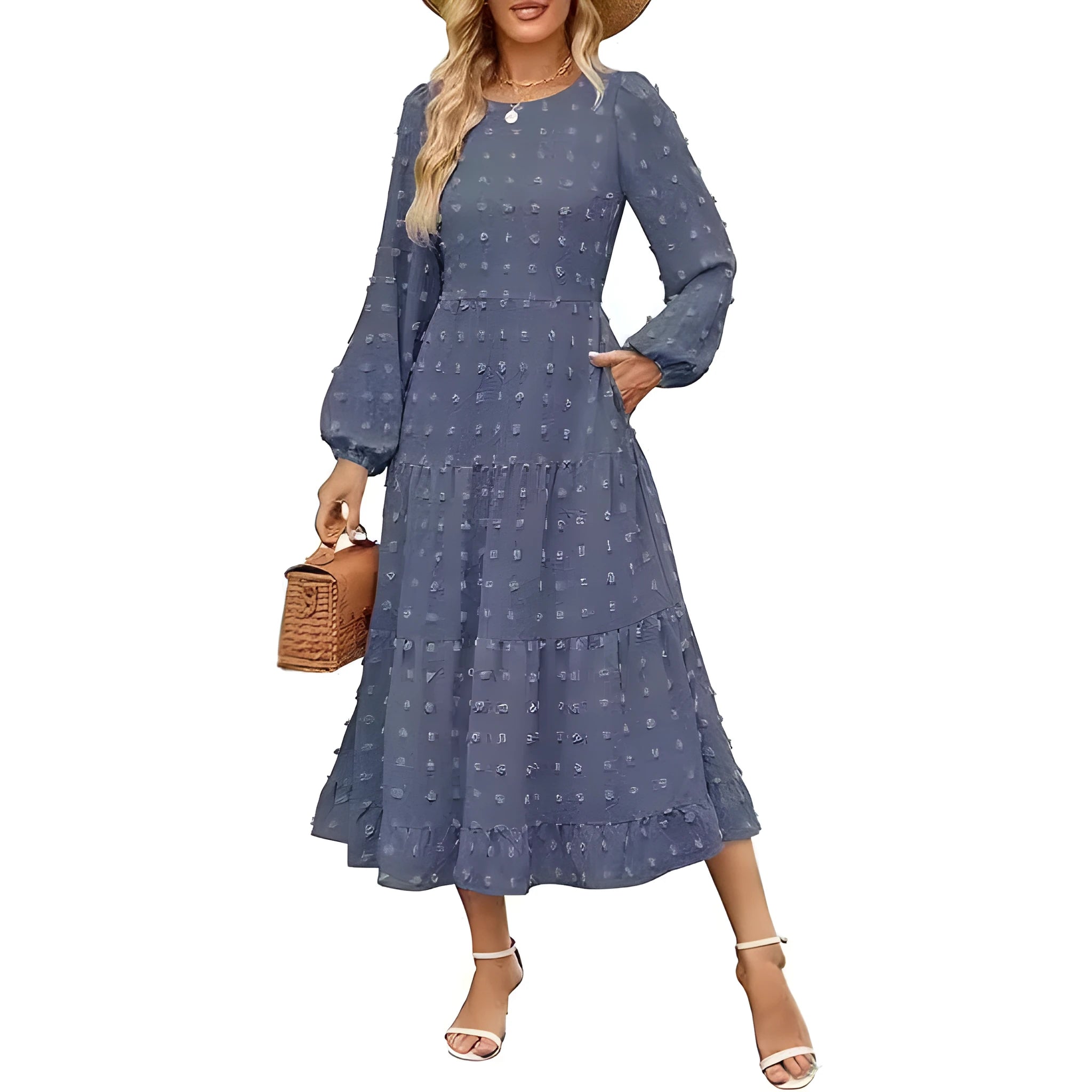 Women's long sleeve dress with ruffled sleeves and high waist in a solid colour.