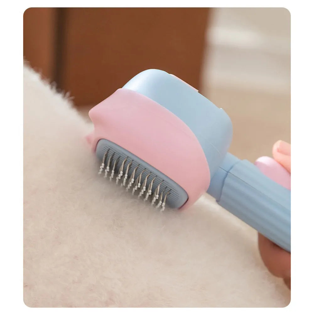 Blue double-sided pet grooming brush showing deshedding rake and dematting comb sides