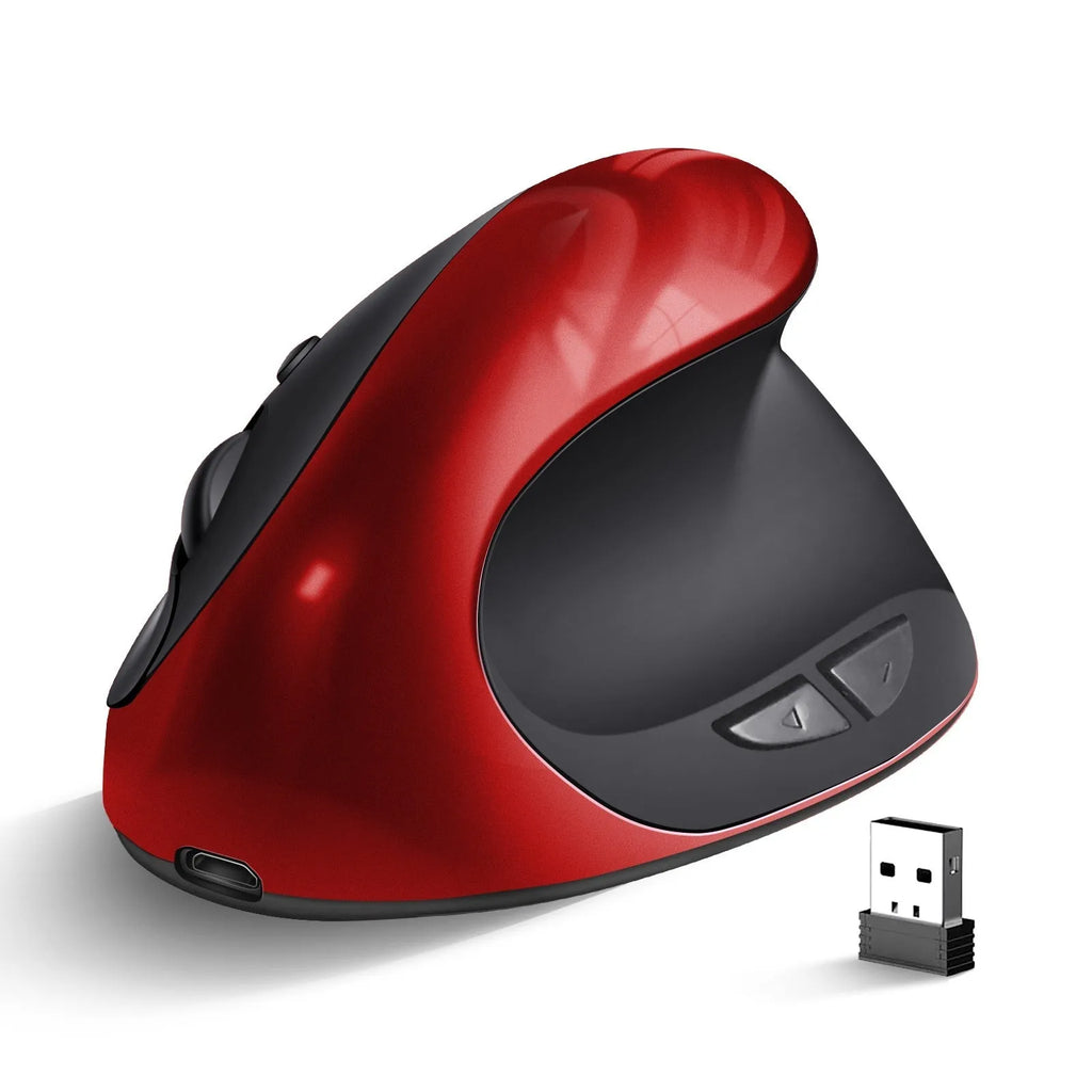 Three Generations vertical ergonomic wireless mouse in black on a laptop desk.