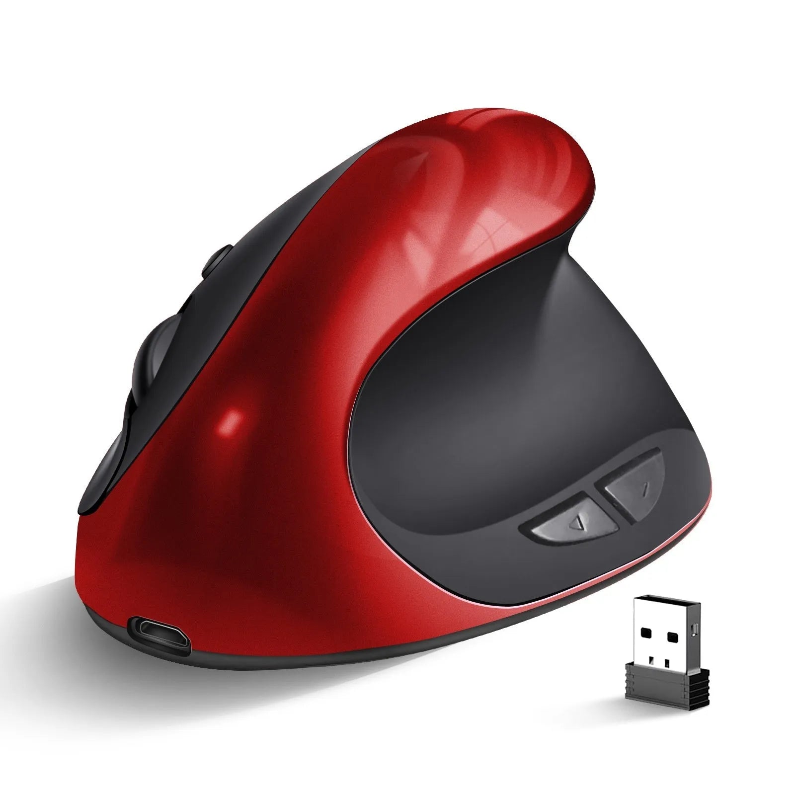 Three Generations vertical ergonomic wireless mouse in black on a laptop desk.