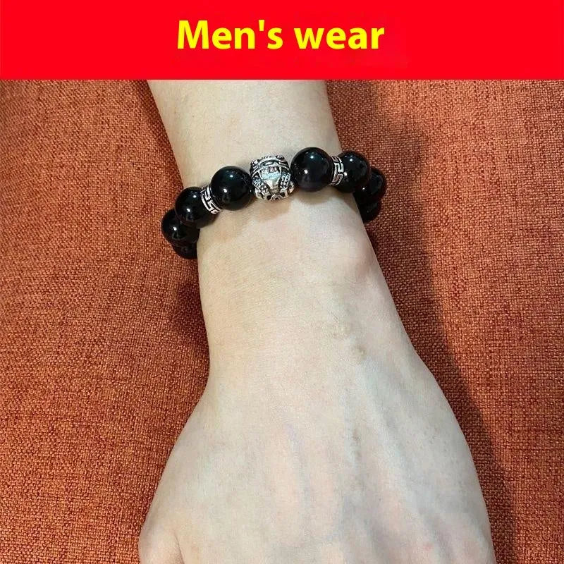 Natural obsidian stone bracelet with cloud pattern, showing 10mm and 12mm bead size options.
