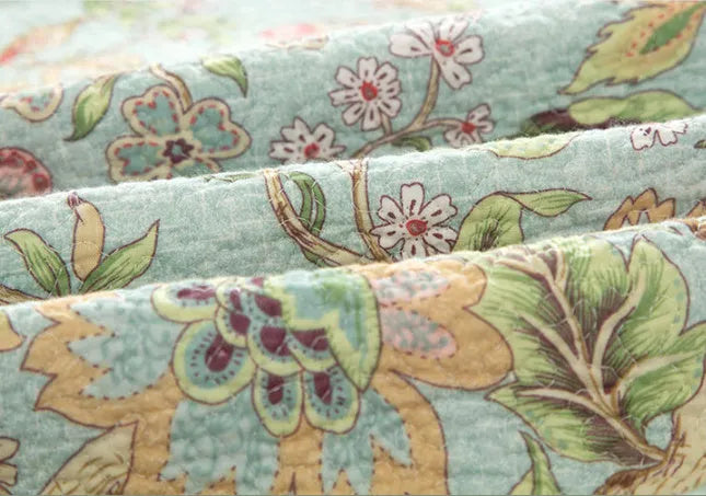 Blue cotton bedspread with American flower and bird quilted pattern, 230x250 cm three-piece set.