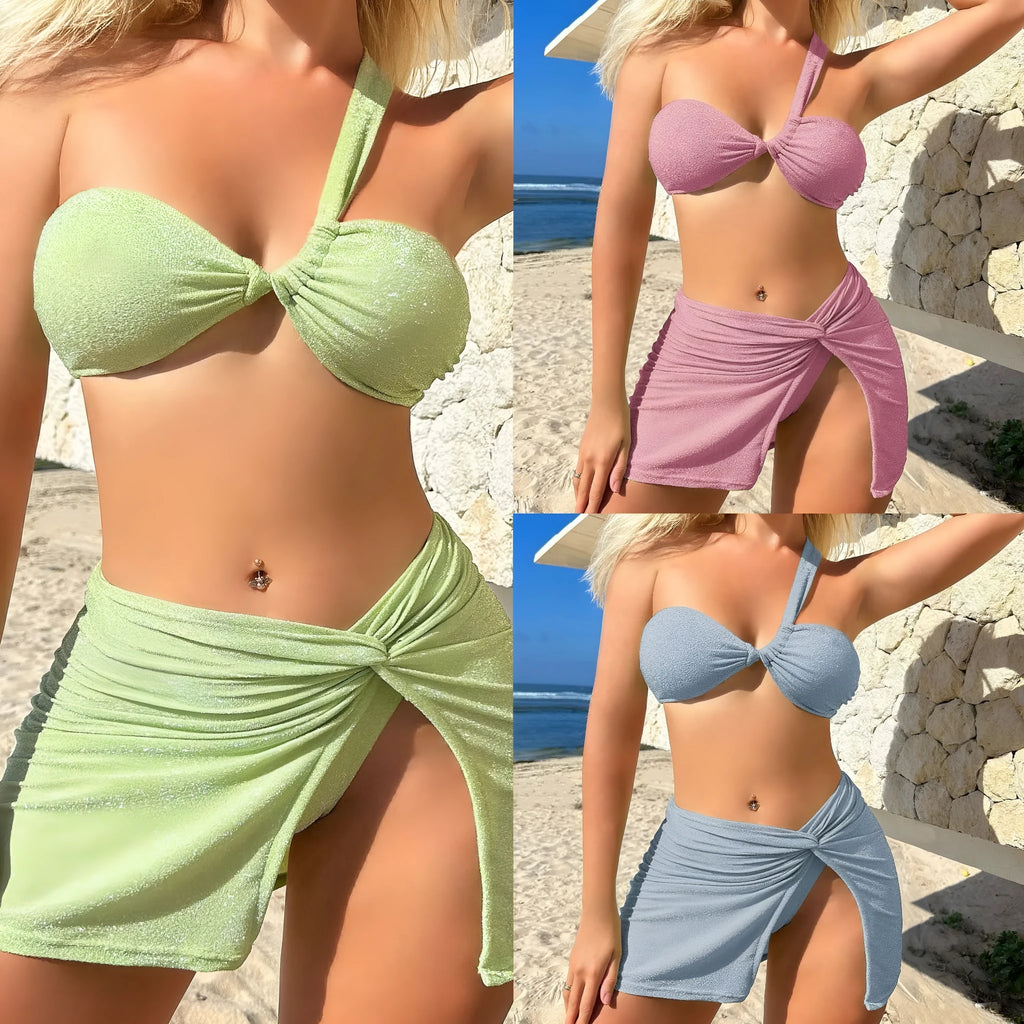 Women's one-shoulder tube top glossy three-piece swimsuit set in light green