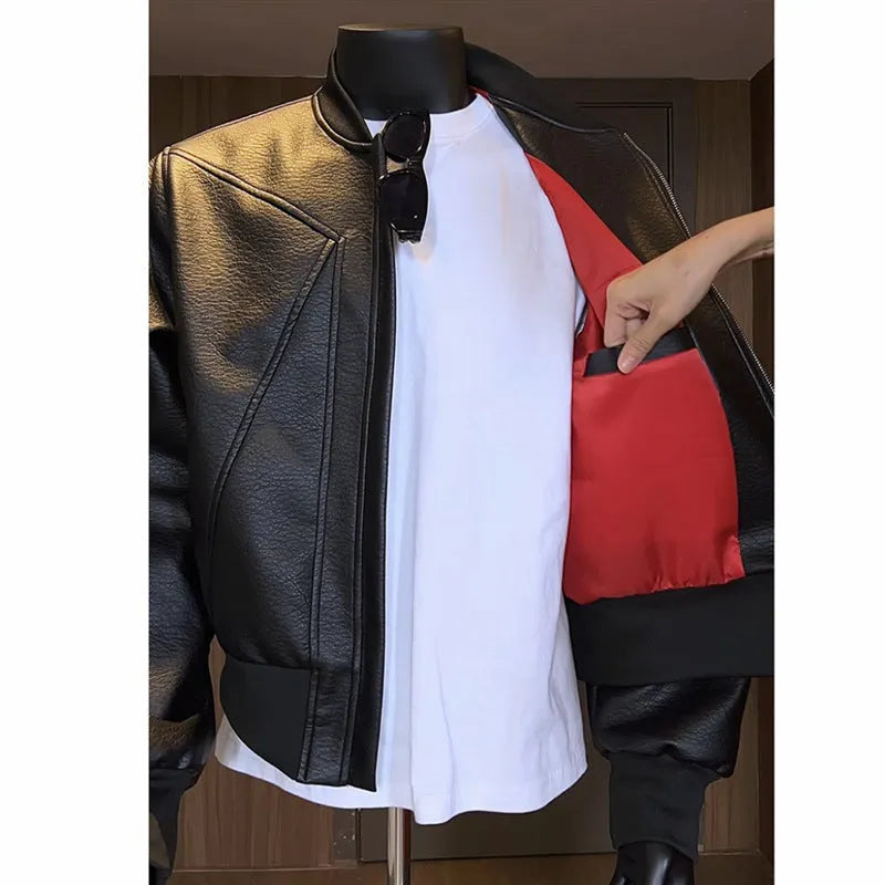 Men's black PU leather jacket with extended length and tight fit design