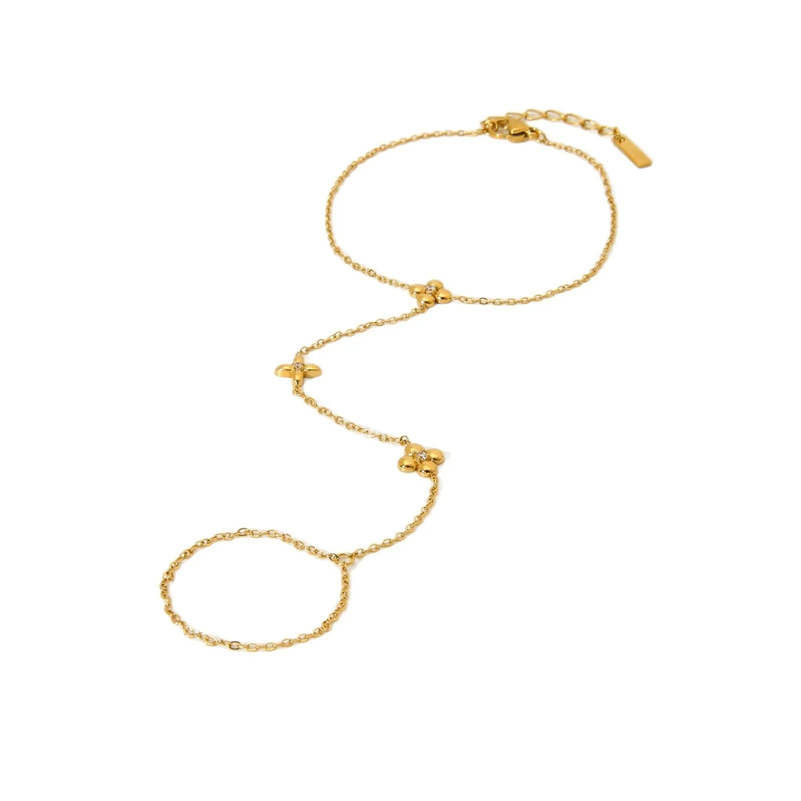 Gold stainless steel women's bracelet with geometric flower and eight-pointed star design.