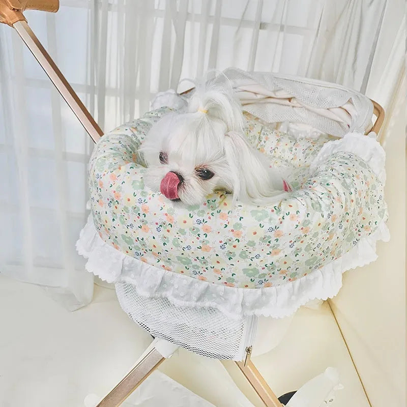 Pet stroller cushion set with cotton towel, pillow and pad in floral pattern