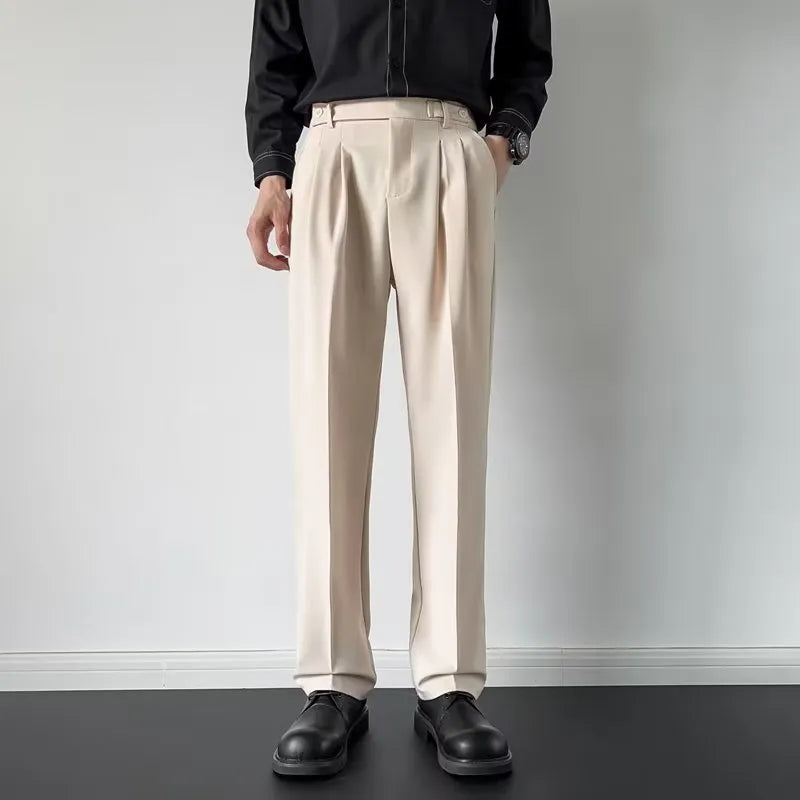Men's straight loose fit suit trousers in polyester fabric showing apricot and black colour options