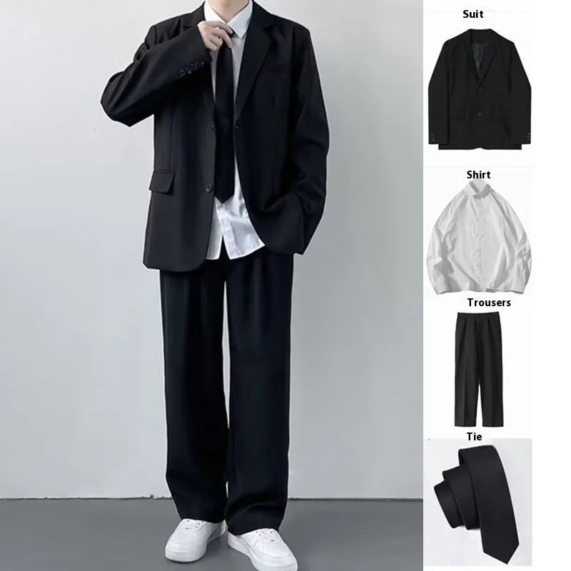 Plus size man wearing a navy college style suit jacket and trousers with a white shirt and blue tie.