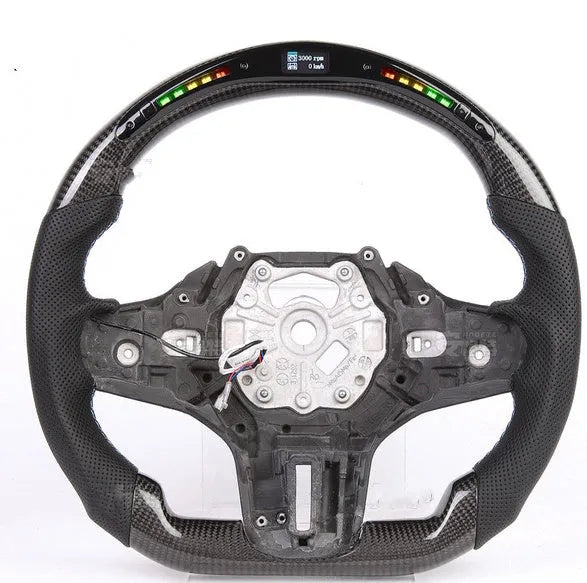 Black carbon fibre LED sports steering wheel for BMW X3 and X5 vehicles