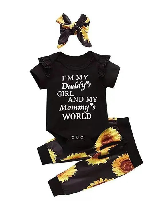 Baby jumpsuit set with headband, letter print top and pants, cotton, black ten D or M, 70-100cm