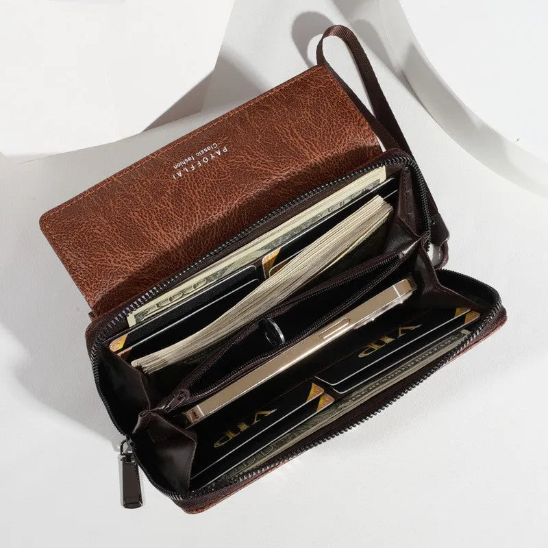 Men's long PU leather wallet in black, brown, and coffee, showing multiple card slots.