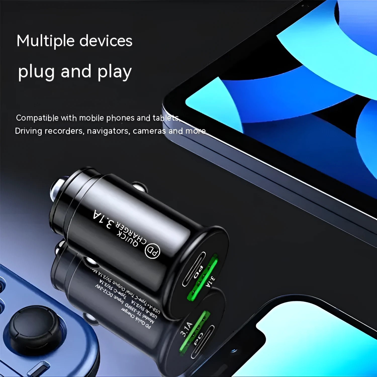 Dual port car charger with LED voltage display plugged into vehicle cigarette lighter socket