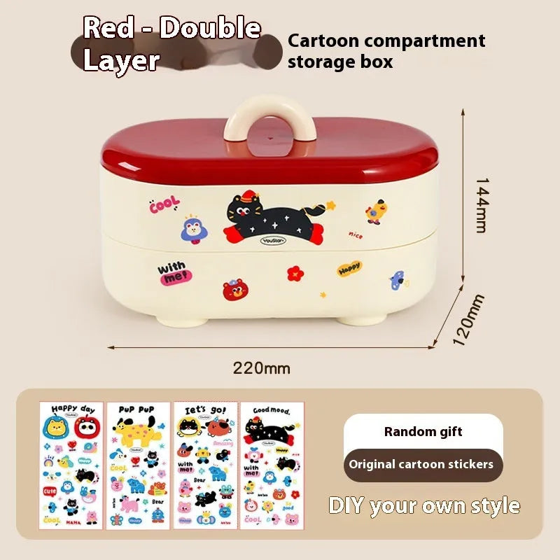 Plastic desktop storage box with cartoon stickers showing 2L capacity for stationery organisation