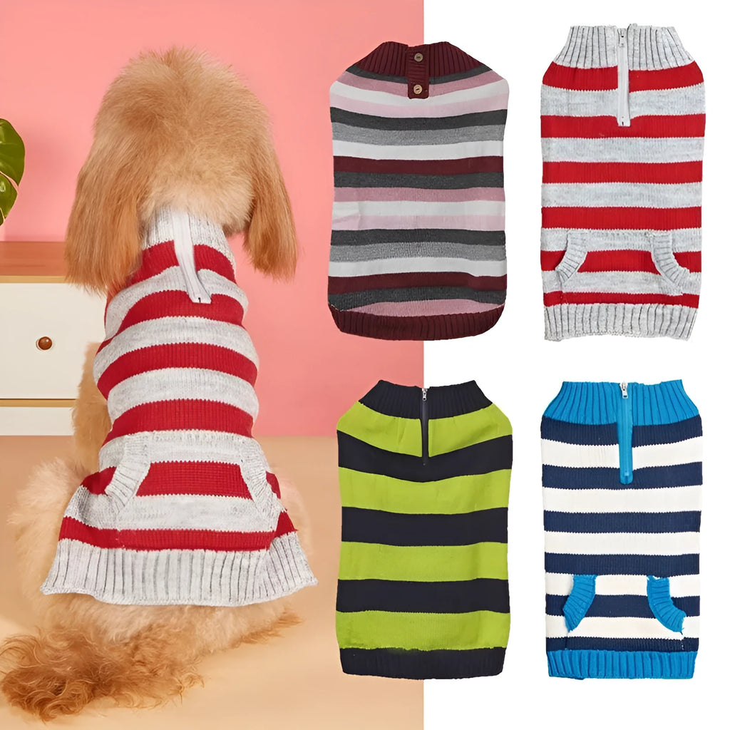 Grey dog sweater with horizontal zipper and button pocket on small breed dog