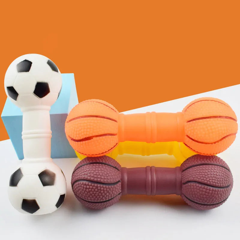 Four coloured brown, orange, white, yellow dumbbell shaped squeaky football dog toys.